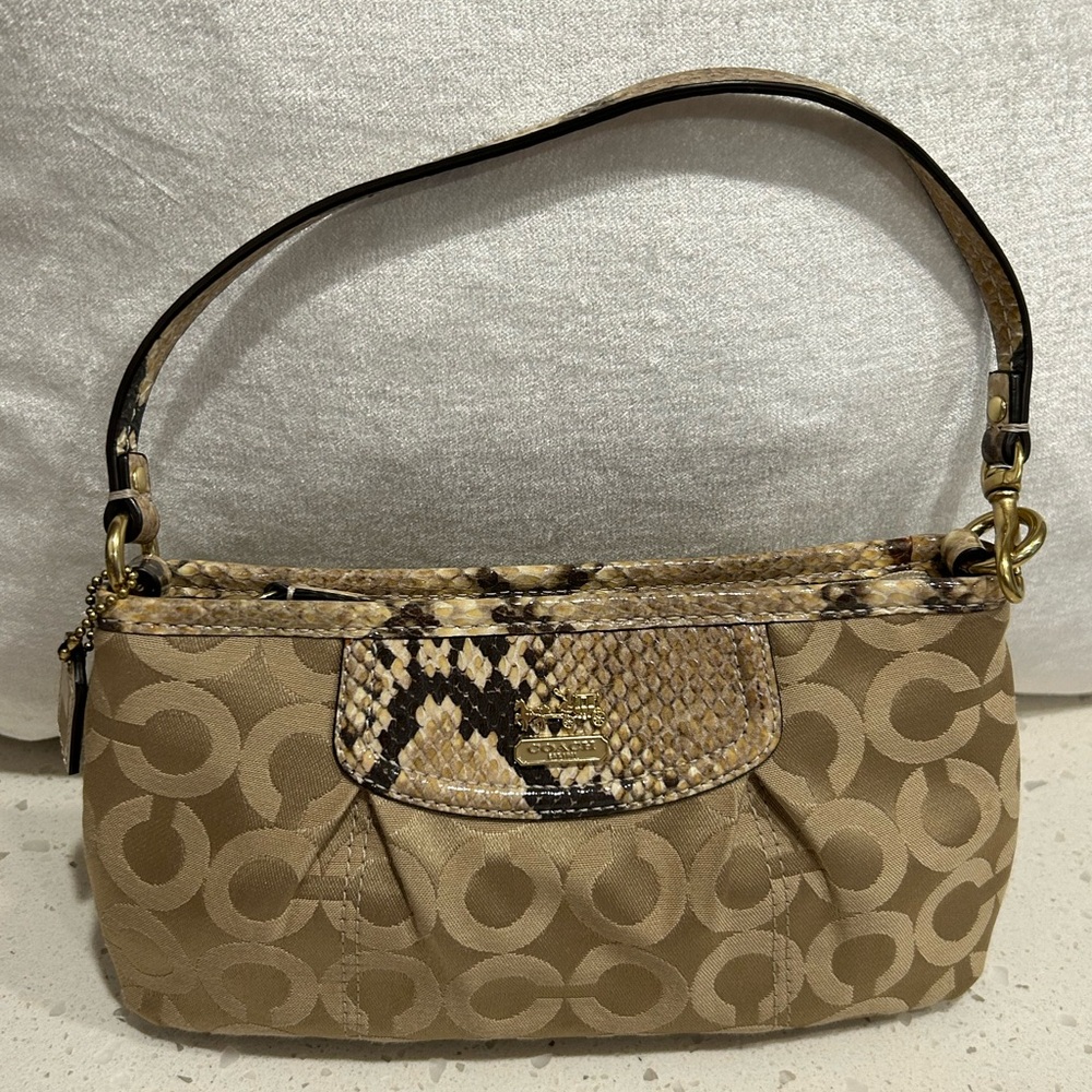 Coach Tan Signature Snake Print Accent Clutch Bag.